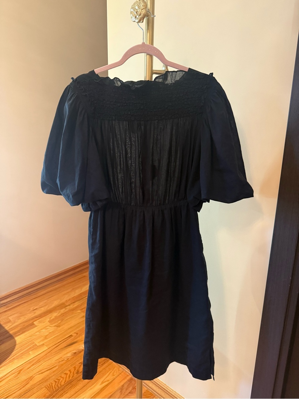 Rebecca Taylor Navy Puff-Sleeve Smocked Yoke Midi Dress